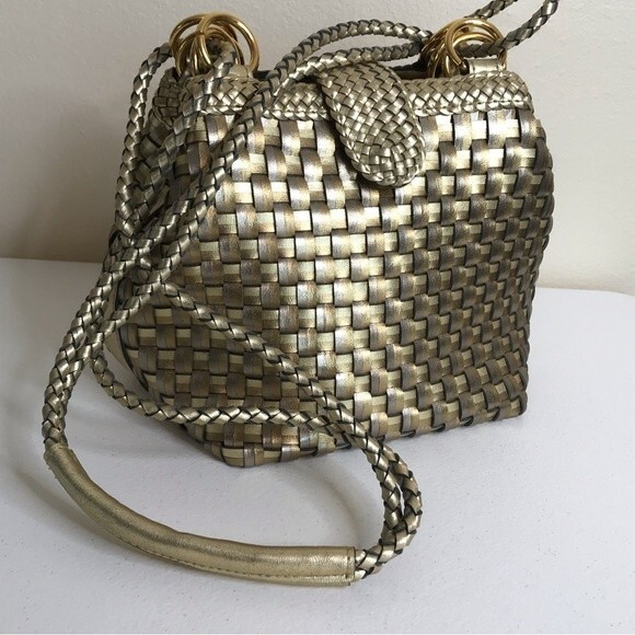Bags by Warren Reed Vintage Gold Bronze Faux Leather Woven Braided Strap Retro - Picture 6 of 14